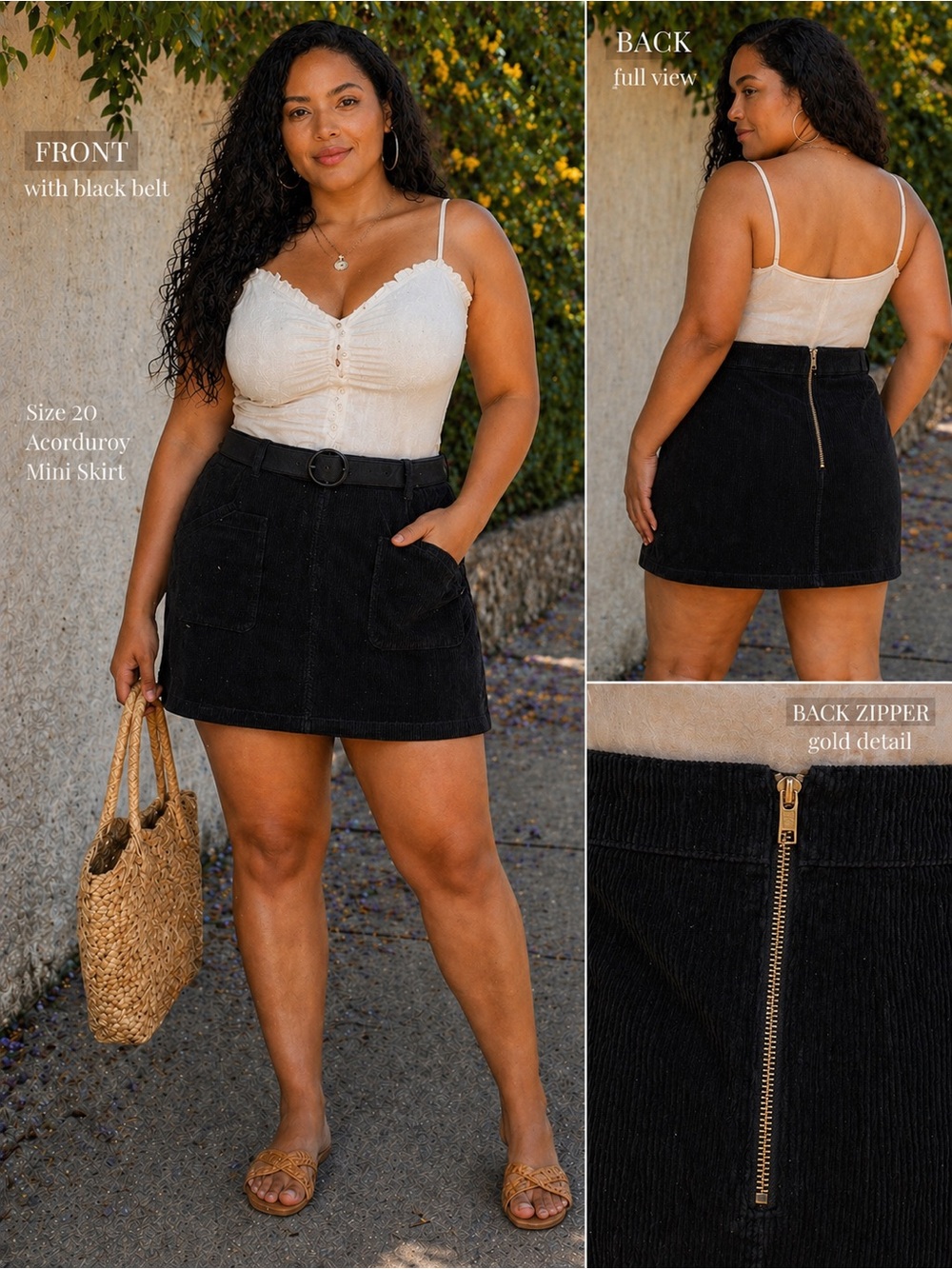 Penningtons Plus Size 20 Corduroy Mini Skirt w/ Black Belt and back Gold Zipper